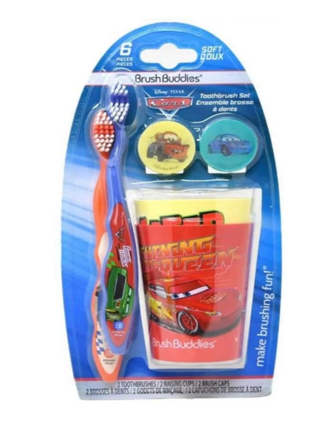 Brush Buddies Disney Pixar Cars Toothbrush Set for Kids 6 Piece Bundle with 2 Soft Bristle Toothbrushes 2 Rinsing Cups 2 Brush Caps Ages 2+ Featuring Lightning McQueen and Mater - Image 1