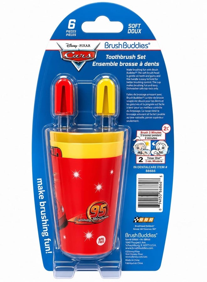 Brush Buddies Disney Pixar Cars Toothbrush Set for Kids 6 Piece Bundle with 2 Soft Bristle Toothbrushes 2 Rinsing Cups 2 Brush Caps Ages 2+ Featuring Lightning McQueen and Mater - Image 5