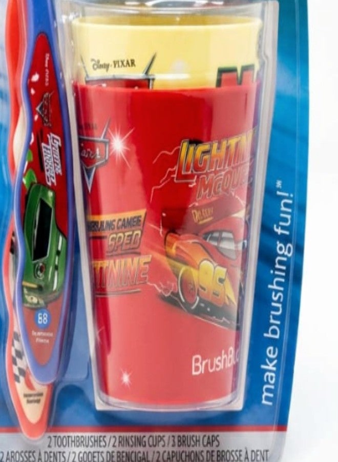 Brush Buddies Disney Pixar Cars Toothbrush Set for Kids 6 Piece Bundle with 2 Soft Bristle Toothbrushes 2 Rinsing Cups 2 Brush Caps Ages 2+ Featuring Lightning McQueen and Mater - Image 3