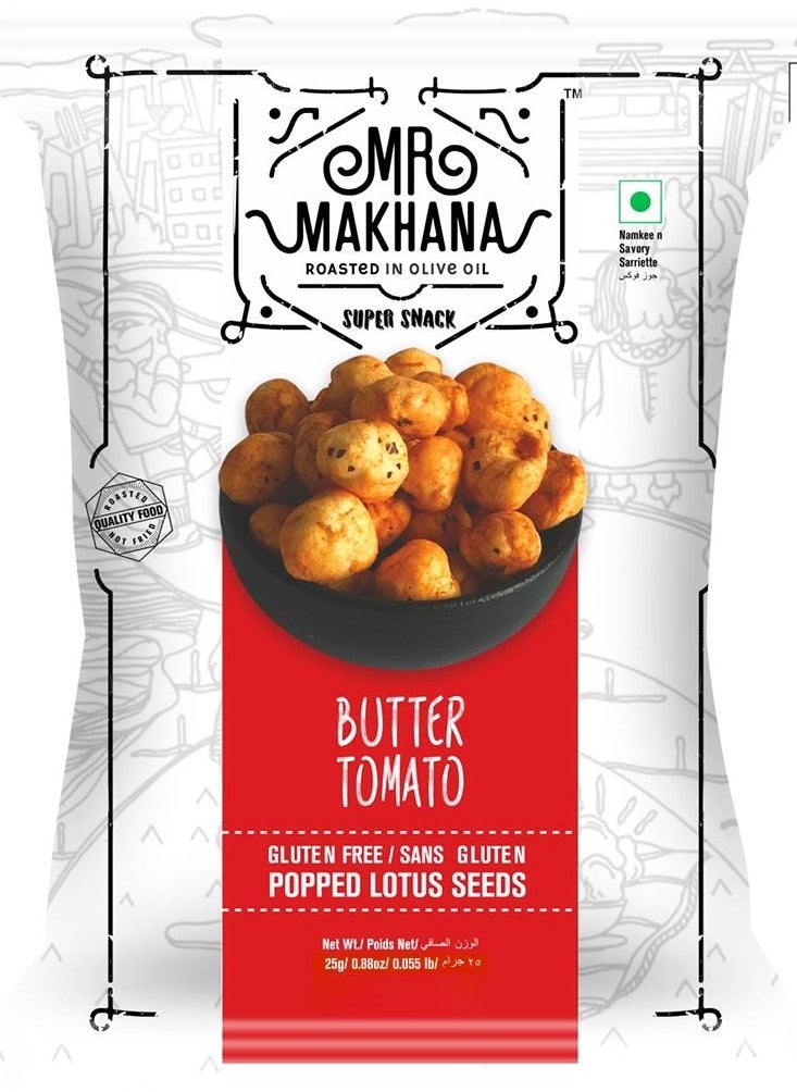 Mr Makhana Butter Tomato  Popped Lotus Seeds 25g Gluten Free  - Image 1