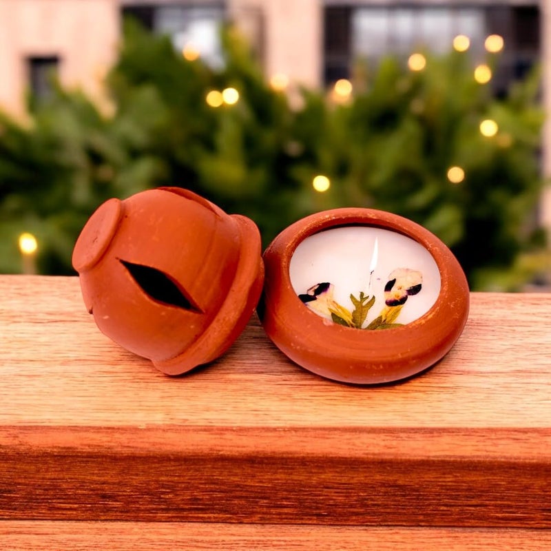 NATRIEL Aroma Soy Wax Scented Candle 10 Cm 393 Terracotta Diwali Decoration Premium Organic Wax Diya Smokeless Lamp with Portable Cap Burning time 9 Hours Vanila - Image 1