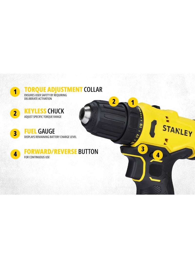 Stanley STANLEY SCD10D1IN Brushed Cordless Drill DriverProfessional Grade 12V 1500 RPM 30 Nm 10 mm Chuck 13 kg 1x2Ah Battery 15A SC101 Charger Battery Charge Status LED Indicator 1 Year Warranty  - Image 3