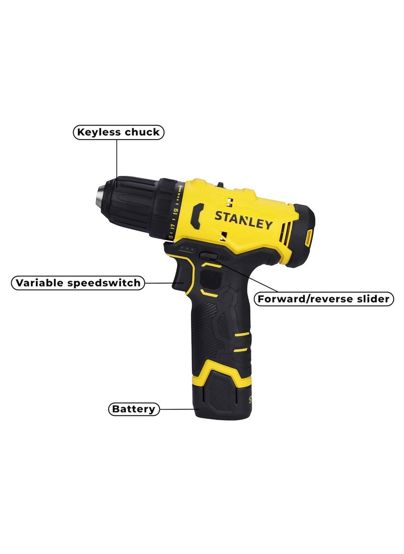 Stanley STANLEY SCD10D1IN Brushed Cordless Drill DriverProfessional Grade 12V 1500 RPM 30 Nm 10 mm Chuck 13 kg 1x2Ah Battery 15A SC101 Charger Battery Charge Status LED Indicator 1 Year Warranty  - Image 5