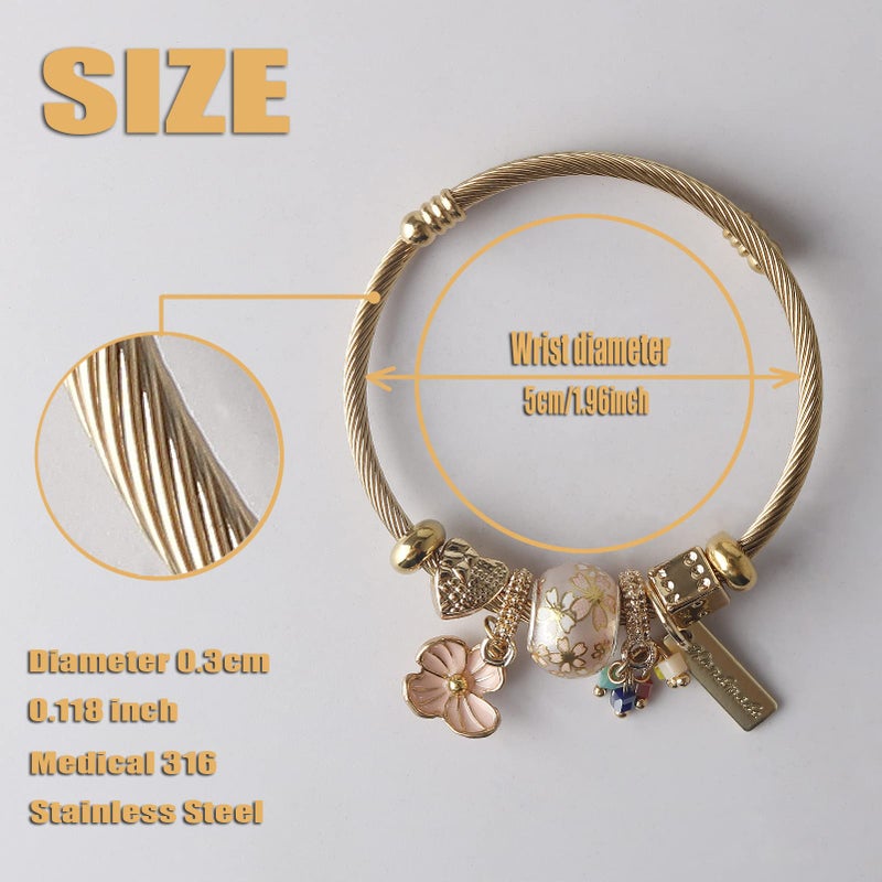 DS Charm Bracelets for girls,exquisite cute cartoon gold friendship bracelets Stainless Steel Bangle with birthday Gift box, Adjustable girls jewelry Suitable for holiday gifts (Gold-flower) - Image 2