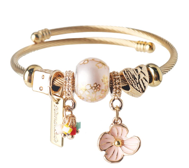 DS Charm Bracelets for girls,exquisite cute cartoon gold friendship bracelets Stainless Steel Bangle with birthday Gift box, Adjustable girls jewelry Suitable for holiday gifts (Gold-flower) - Image 1