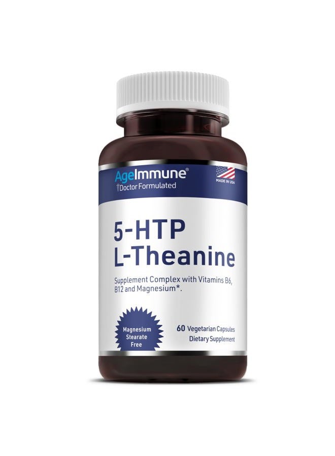 AgeImmune Anxiety Formula ; Stress Relief Supplements Complex with L-Theanine, 5-HTP, Vitamins B6, B12 and Magnesium. Doctor Formulated, Magnesium Stearate Free. 60 Capsules. - Image 1
