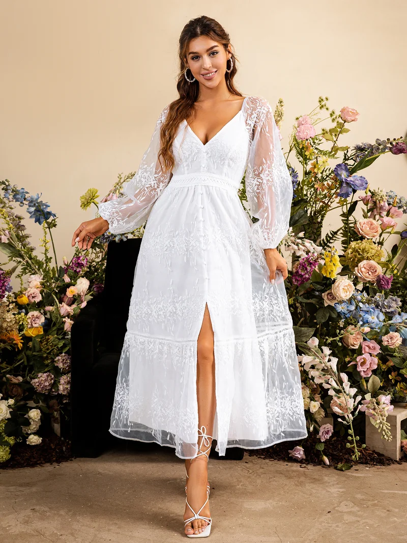 Simplee V Neck Long Sleeve Lace Panel Maxi Dress, Tiered Lace Flared Skirt, Romantic Fairy Long Dress