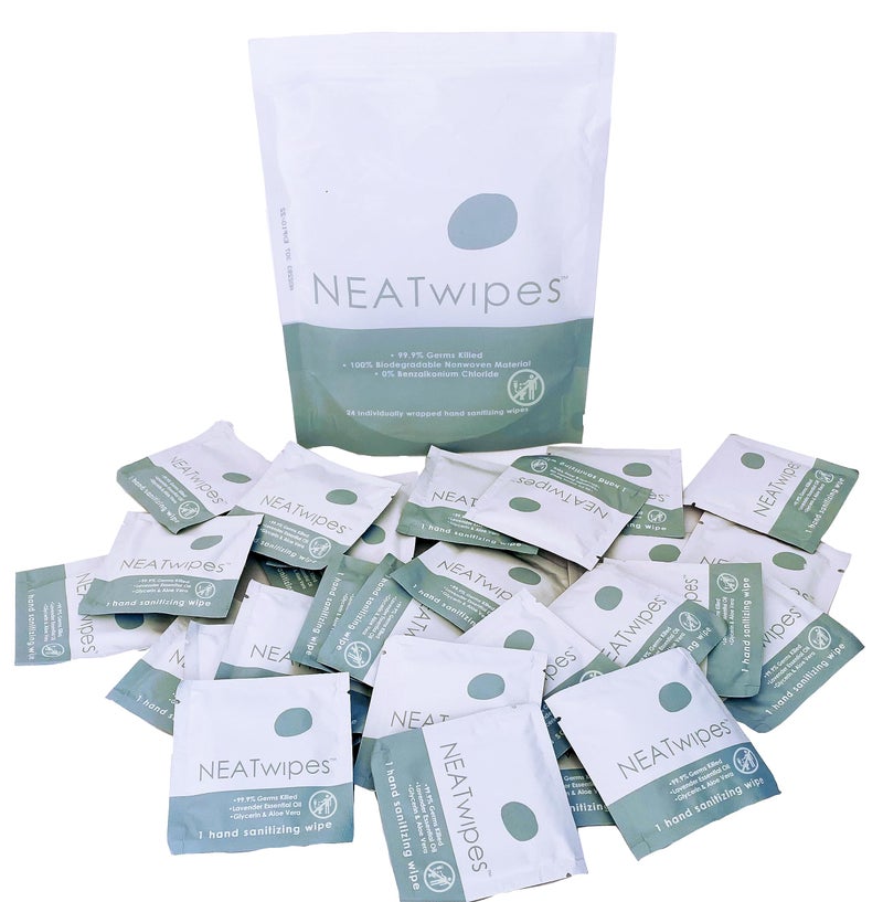 NEATSHEETS NEATwipes Hand Sanitizing Wipes | Travel Size | Disposable Wet Wipe & Planet Friendly | Lavender Essential Oil & Soothing Aloe | 24 Individually Wrapped Wipes per Package - Image 1