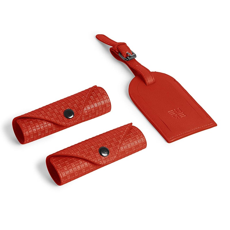 EUME Luggage Accessory Kit for Luggage| Premium Vegan Leather | 1 Luggage Tag and 2 Handle Cover Comes with Vegan Leather Sling Pouch - Red - Image 1
