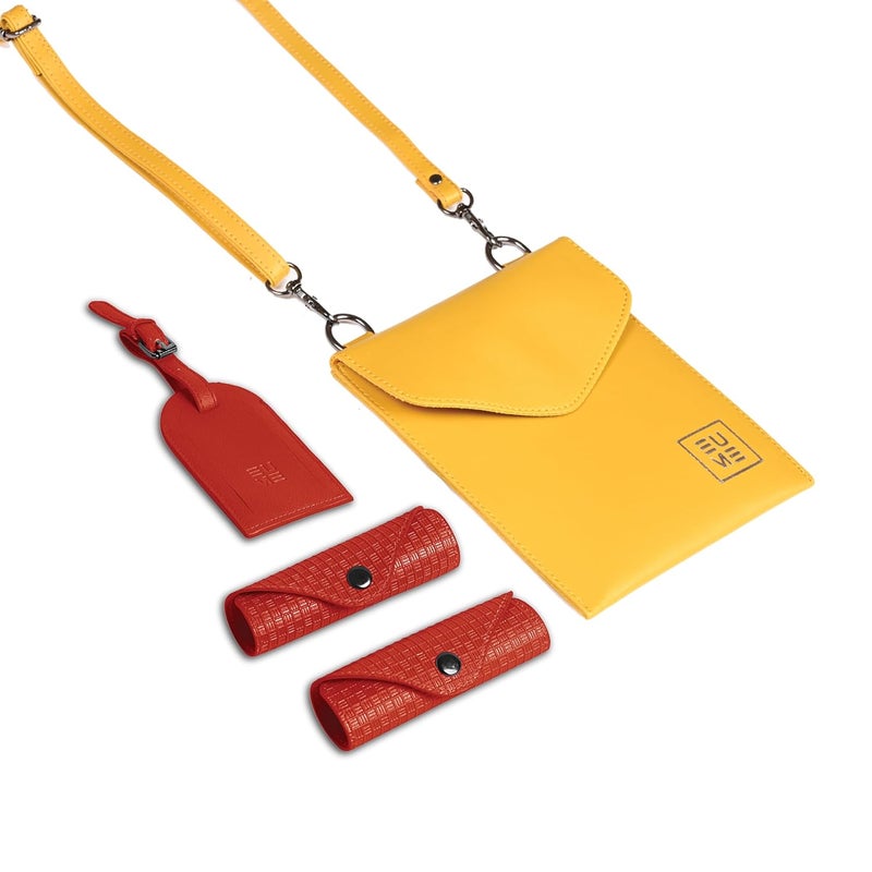 EUME Luggage Accessory Kit for Luggage| Premium Vegan Leather | 1 Luggage Tag and 2 Handle Cover Comes with Vegan Leather Sling Pouch - Red - Image 5
