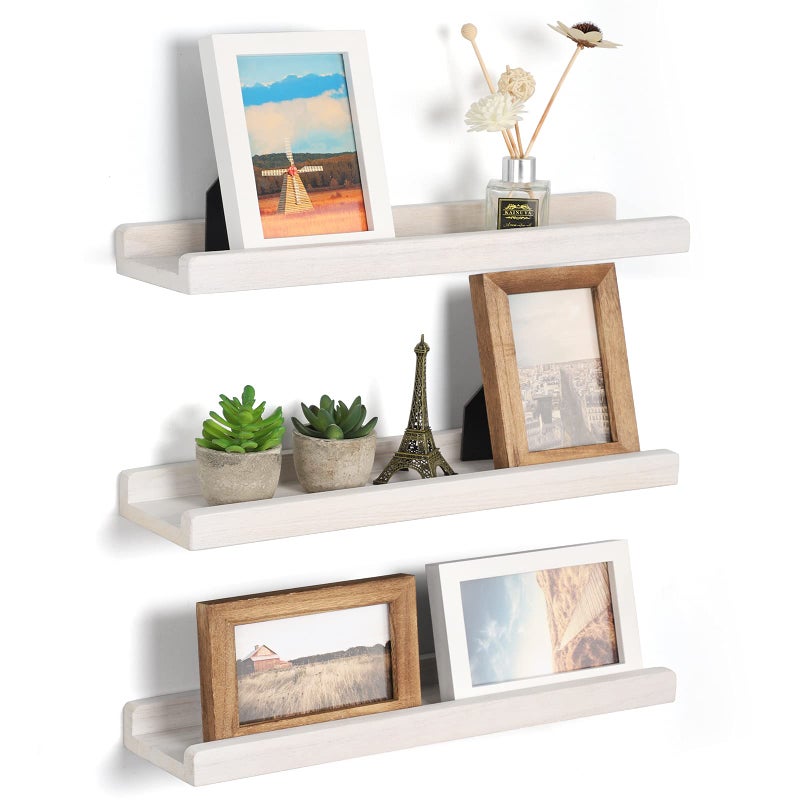 Emfogo Floating Ledge Shelves Rustic Wood Wall Shelf Set of 3 for Storage and Display 16.9 inch Vintage White - Image 2