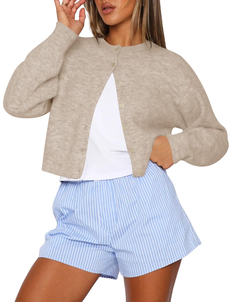 Kistore Womens Fall Cropped Cardigan Sweaters Lightweight Trendy Casual Button Up Crewneck Ladies Cozy Knit Sweaters Oatmeal Large - Image 1