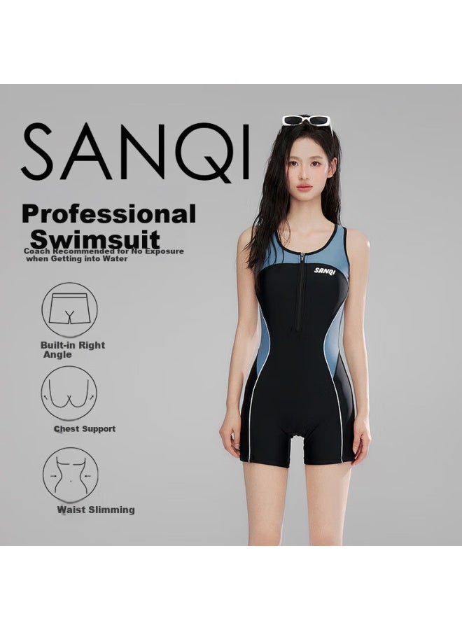 Sanqi Women's Swimwear New Plus Size Professional Training One-piece Conservative Square Leg Racing Fitness Spa Swimsuit Black L - Image 1