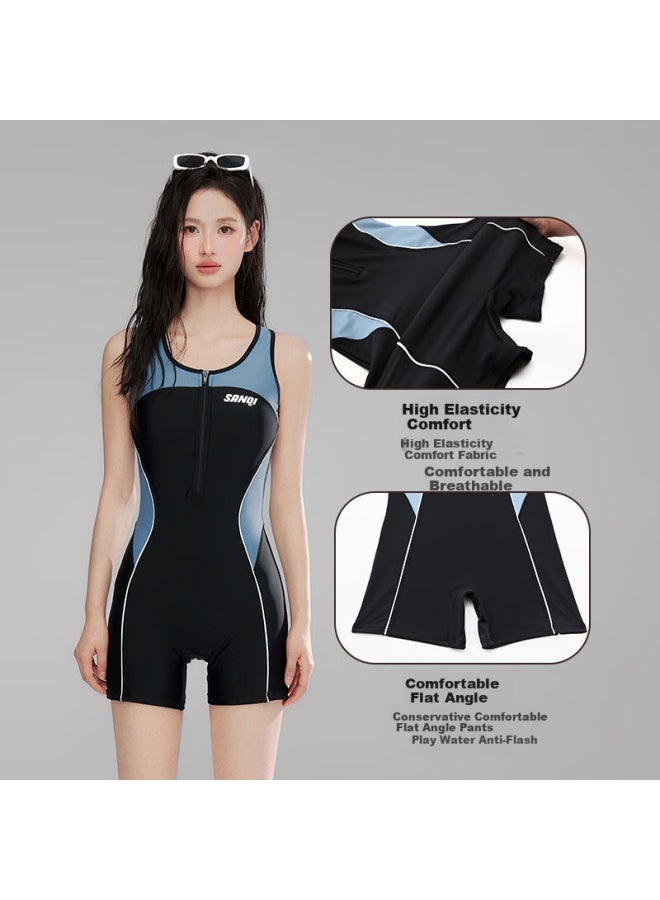 Sanqi Women's Swimwear New Plus Size Professional Training One-piece Conservative Square Leg Racing Fitness Spa Swimsuit Black L - Image 2
