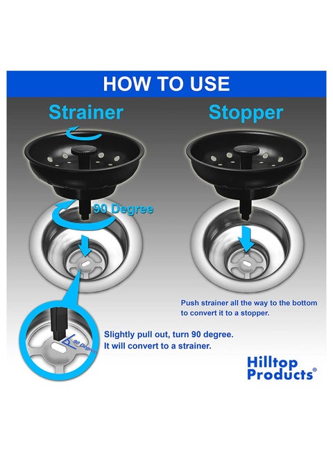 Hilltop 2-Pack Kitchen Sink Strainer & Stopper Combo – 3-1/2″ Stainless Steel Basket With Plastic Knob, Rubber Stopper – 32 Holes, Easy Push-Pull Install – Dishwasher Safe