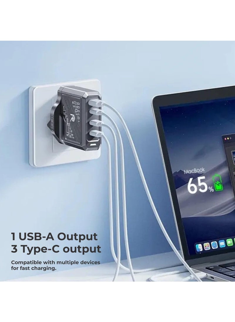 Remax Mena 120W Fast Charger (3 Type C+1 USB A), Three Type-C ports 100W for Laptops, 65W and 30W for Phones and Tablets, 22.5W for USB-A Device, Charging with PD3.0 and QC 4.0 Technologies (Black)  - Image 4
