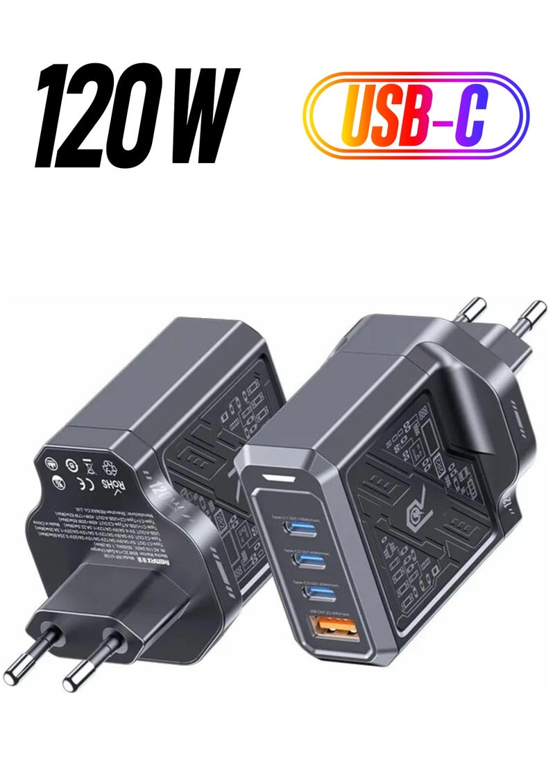 Remax Mena 120W Fast Charger (3 Type C+1 USB A), Three Type-C ports 100W for Laptops, 65W and 30W for Phones and Tablets, 22.5W for USB-A Device, Charging with PD3.0 and QC 4.0 Technologies (Black)  - Image 1