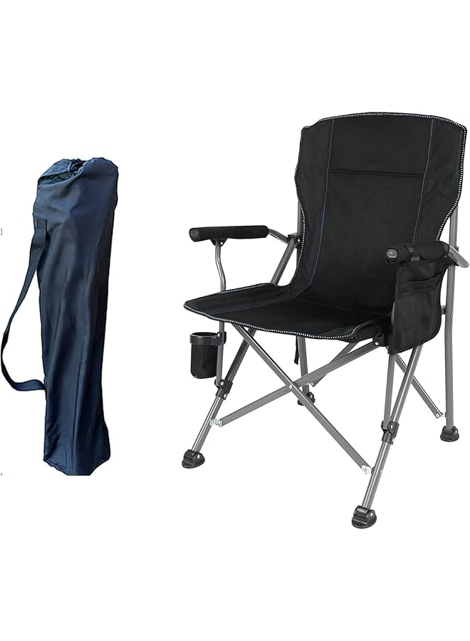 PROMASS Folding Camping Chair, Heavy Duty High Back Lawn Chair with Cup Holder and Side Pocket, Steel Frame, Portable Sturdy Fishing Chair with Carrying Bag Support upto 150 kgs/330lbs - Black High Back - Image 1