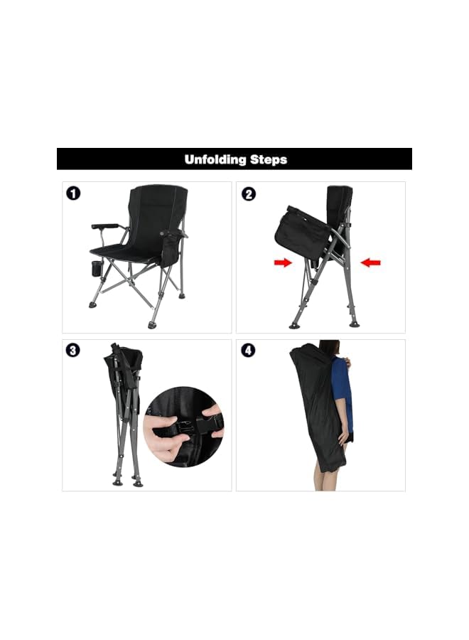 PROMASS Folding Camping Chair, Heavy Duty High Back Lawn Chair with Cup Holder and Side Pocket, Steel Frame, Portable Sturdy Fishing Chair with Carrying Bag Support upto 150 kgs/330lbs - Black High Back - Image 5