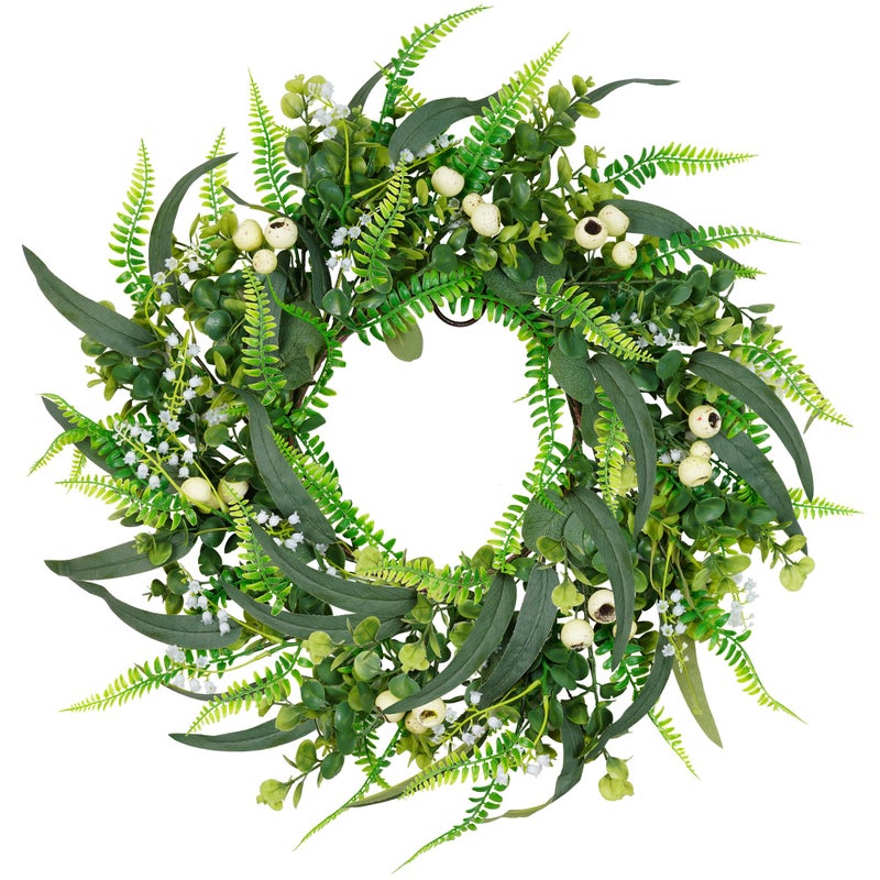 SEVENLOVE Artificial Eucalyptus Wreath for Front Doorï¼Œ20in Front Door Wreath All Season with Eucalyptus Leavesï¼ŒLarge White Berries for Outside Wall Window Farmhouse Indoor Outdoor Party Holiday - Image 1