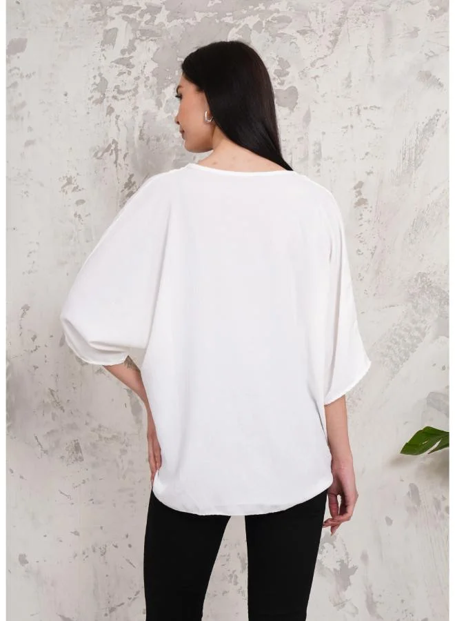 Hoxton Gal Oversized V-Neck Blouse with Tie Front and 3/4 Sleeves in White