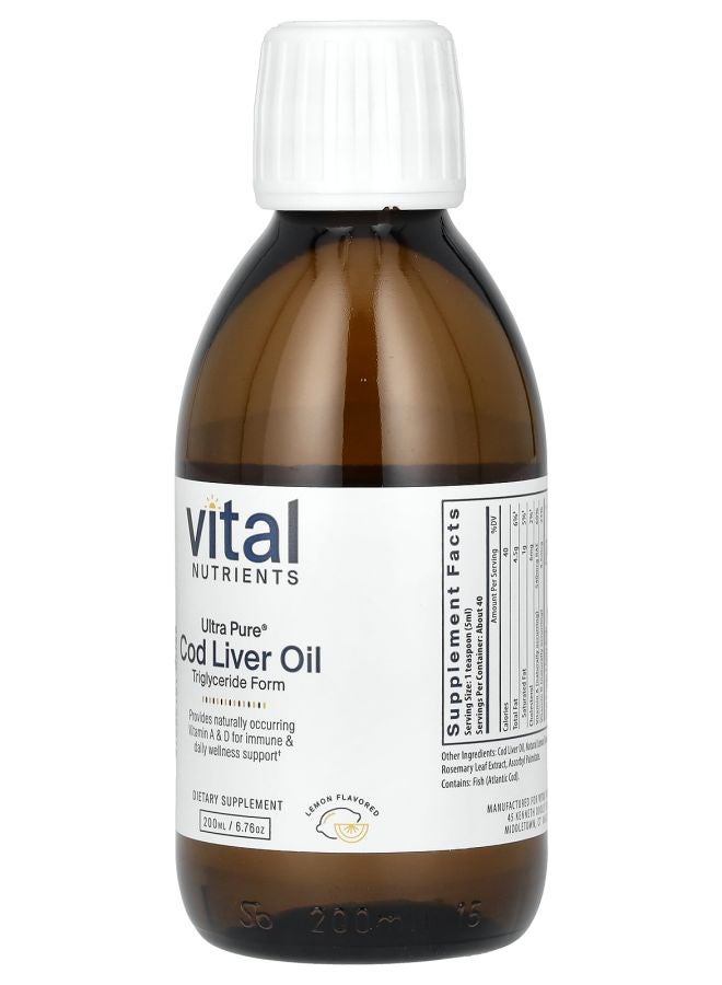 Vital Nutrients Ultra Pure Cod Liver Oil Lemon 6.76 oz (200 ml) - Image 2