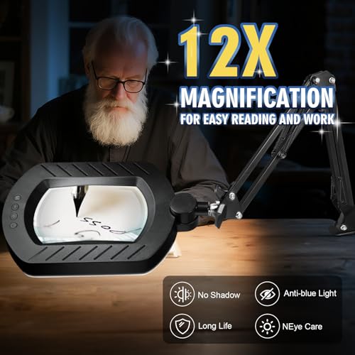 Toolastra 12X Square Magnifying Glass with Light and Stand with 144 LEDs Brightness, 5 Color Modes Hands Free Lighted Magnifying Glass, 10 Dimmable Brightness Magnifying Desk Lamp for Close Work Craft Reading - Image 3