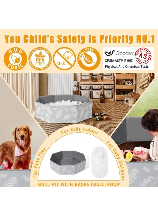 Gogoso 40Inch Kids Ball Pit, Double Layer Oxford Play Ballpool with Baketball Hoop Playpen for Toddlers, Dogs, and Cats - Sturdy Construction (Balls Not Included), Gray Leaves - Image 4