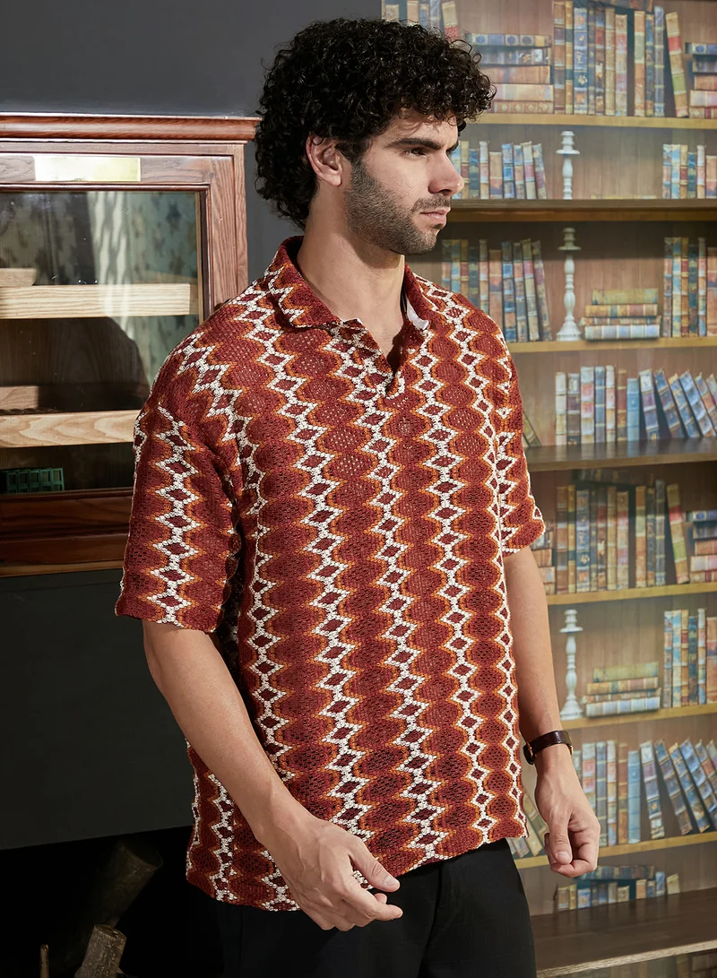 Campus Sutra Men's Burnt Sienna Folk-Logenze Oversized Polo T-Shirt