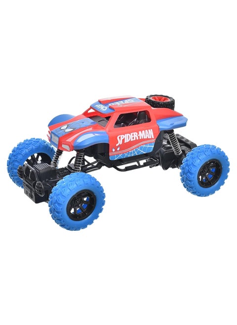 Spider-Man Remote Control Jeep: Fast, lights up, moves in all directions, with elevated wheels and a rechargeable battery via USB.