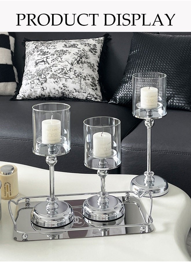 DUNISO Three-Piece Glass Candle Holder, Crystal Clear Candle Holder, Elegant Design, Suitable For Pillar Taper Candles And Tea Lights, Home Dining Table Living Room Wedding Party Decoration Home Decor - Transparent  - Image 3