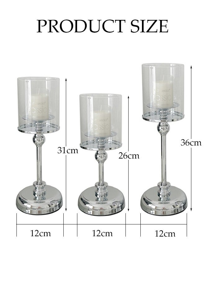 DUNISO Three-Piece Glass Candle Holder, Crystal Clear Candle Holder, Elegant Design, Suitable For Pillar Taper Candles And Tea Lights, Home Dining Table Living Room Wedding Party Decoration Home Decor - Transparent  - Image 2