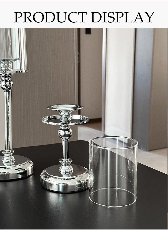 DUNISO Three-Piece Glass Candle Holder, Crystal Clear Candle Holder, Elegant Design, Suitable For Pillar Taper Candles And Tea Lights, Home Dining Table Living Room Wedding Party Decoration Home Decor - Transparent  - Image 4
