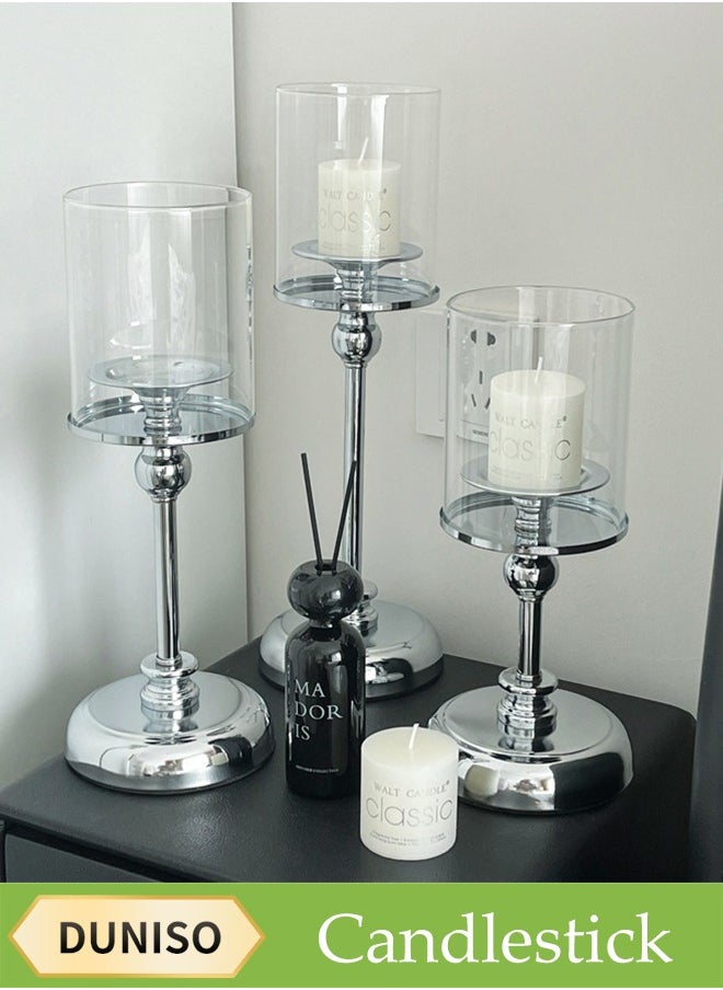 DUNISO Three-Piece Glass Candle Holder, Crystal Clear Candle Holder, Elegant Design, Suitable For Pillar Taper Candles And Tea Lights, Home Dining Table Living Room Wedding Party Decoration Home Decor - Transparent  - Image 1