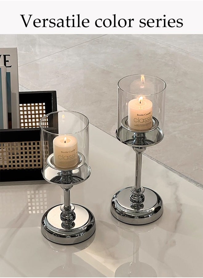 DUNISO Three-Piece Glass Candle Holder, Crystal Clear Candle Holder, Elegant Design, Suitable For Pillar Taper Candles And Tea Lights, Home Dining Table Living Room Wedding Party Decoration Home Decor - Transparent  - Image 5