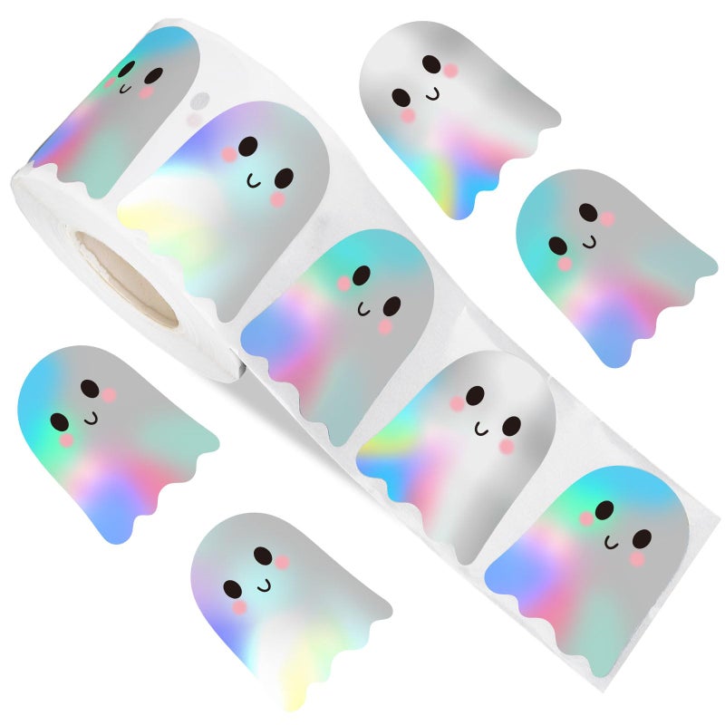 Whaline Halloween Ghost Stickers Roll Bulk Holographic Cute Boo Ghost Iridescent Waterproof SelfAdhesive Sticker Decals for Envelope Journal Decor Party Supplies 500Pcs - Image 2