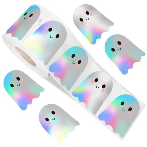 Whaline Halloween Ghost Stickers Roll Bulk Holographic Cute Boo Ghost Iridescent Waterproof SelfAdhesive Sticker Decals for Envelope Journal Decor Party Supplies 500Pcs - Image 1