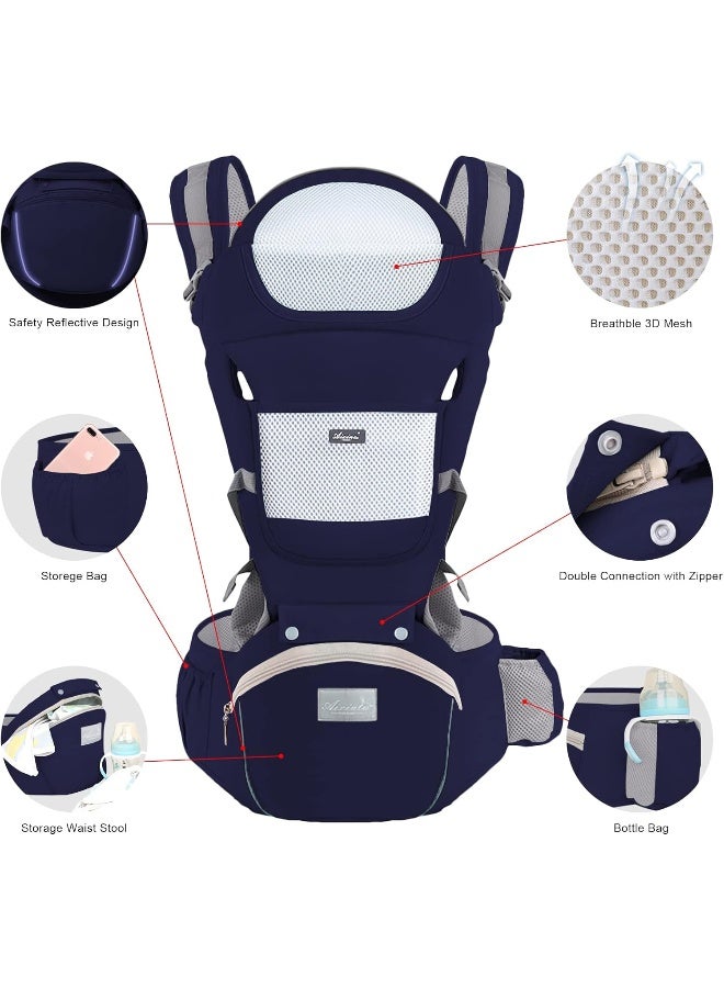 Ocanoiy Baby Carrier Newborn to Toddler Baby Wrap Carrier with Hip Seat Lumbar Support Adjustable One Size Fits All Toddler Infant Baby Holder Carrier 360 All Seasons (Dark Blue) - Image 2