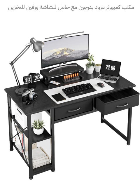 Computer Desk with With 2 Drawers，39.37"Home Office Desk with Monitor Stands and 2 storage shelves， Writing Gaming Table Home Office Desk ，Ergonomic Black