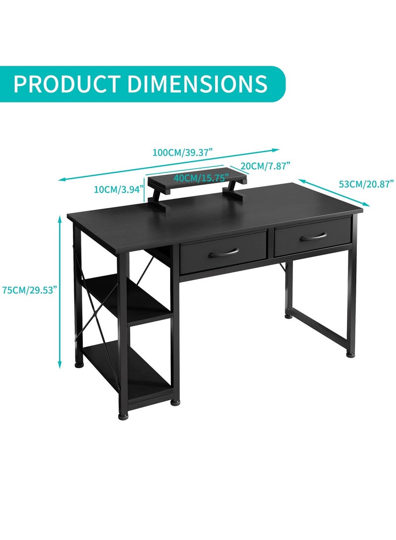 SHEIDLIN Computer Desk with With 2 Drawers，39.37"Home Office Desk with Monitor Stands and 2 storage shelves， Writing Gaming Table Home Office Desk ，Ergonomic Black - Image 4