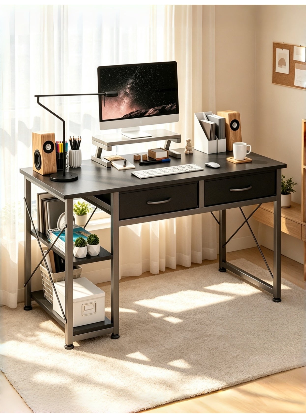 Computer Desk with With 2 Drawers,39.37"Home Office Desk with Monitor Stands and 2 storage shelves, Writing Gaming Table Home Office Desk ,Ergonomic Black