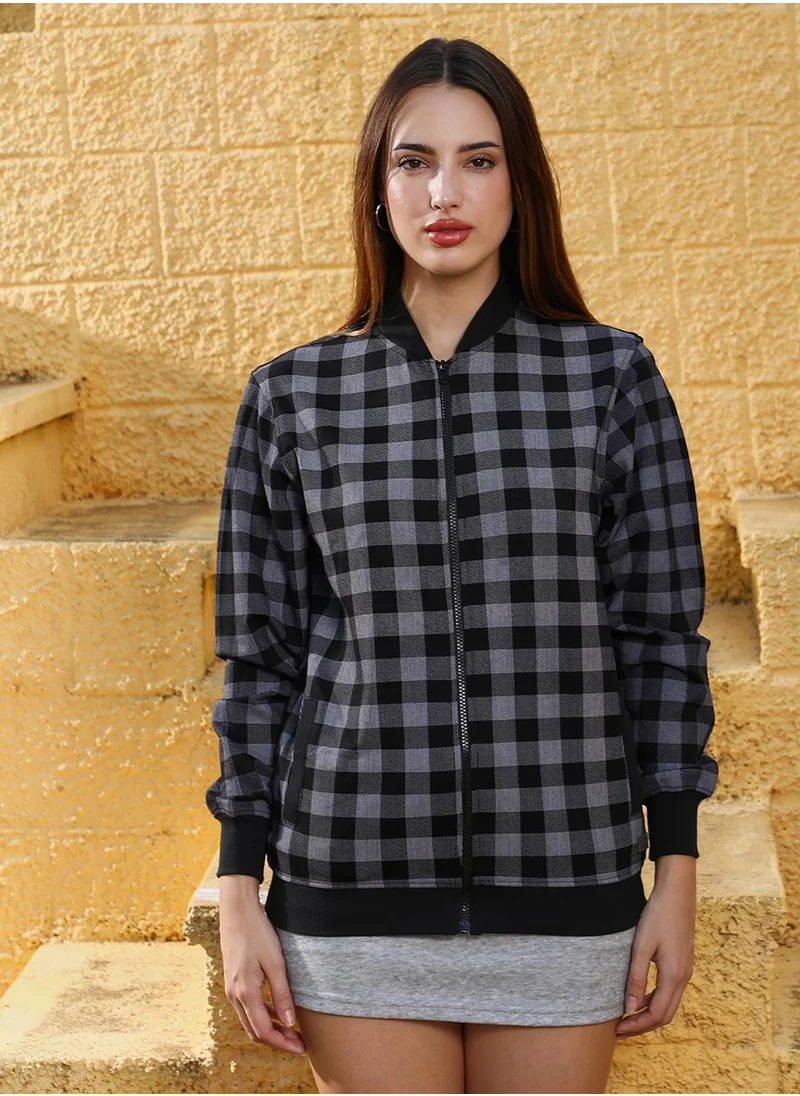Campus Sutra Women's Moon Grey & Onyx Black Zip-Front Buffalo Check Jacket