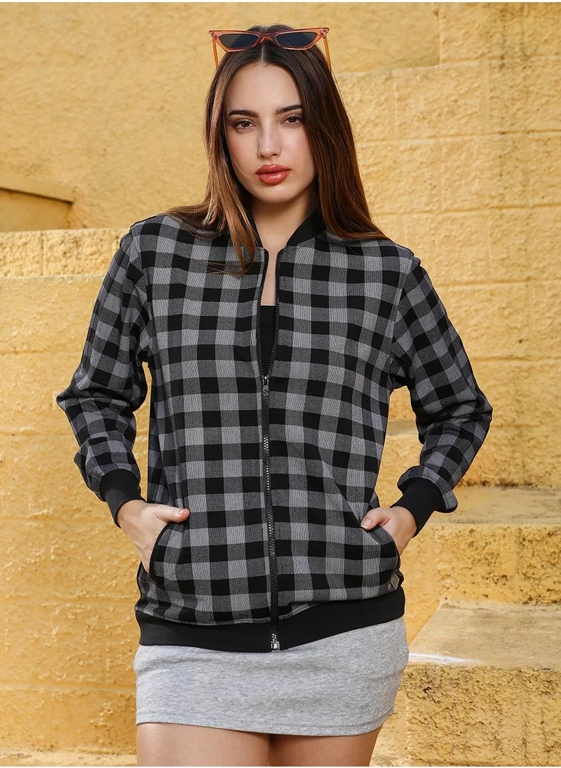 Campus Sutra Women's Moon Grey & Onyx Black Zip-Front Buffalo Check Jacket