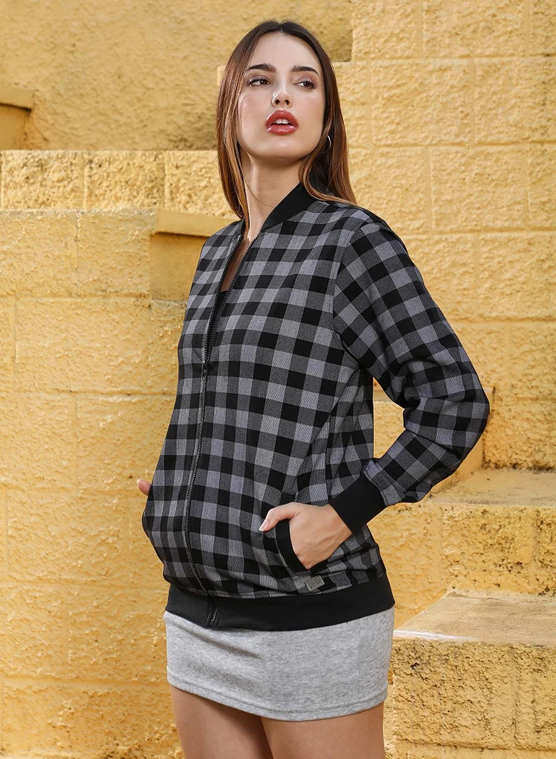Campus Sutra Women's Moon Grey & Onyx Black Zip-Front Buffalo Check Jacket