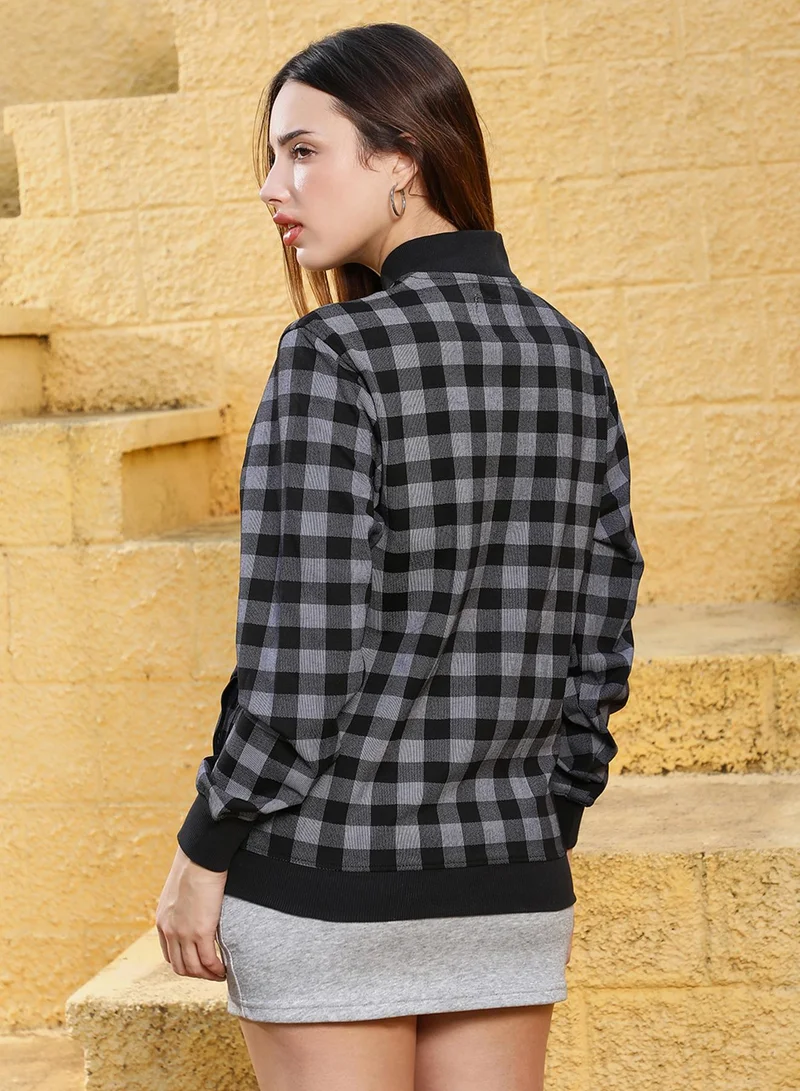 Campus Sutra Women's Moon Grey & Onyx Black Zip-Front Buffalo Check Jacket