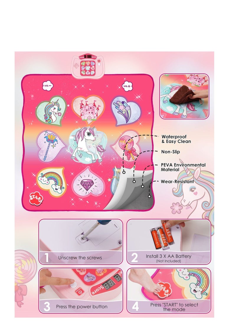 Unicorn Dance Mat Toys, Dance Musical Play Mat with 5 Game Modes 8 Built-in Songs, Play Mat with LED Lights, Adjustable Volume, Suitable for 3 -6+ Year Old Girl Kid - Image 4