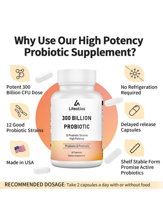 Lifeatlas 300 Billion CFU Probiotics - Probiotics for Women and Men, 12 Probiotic Strains Plus Prebiotic, for Immune & Digestive, Gut Health, Gas Bloating, Shelf Stable - 60 Caps - Image 3