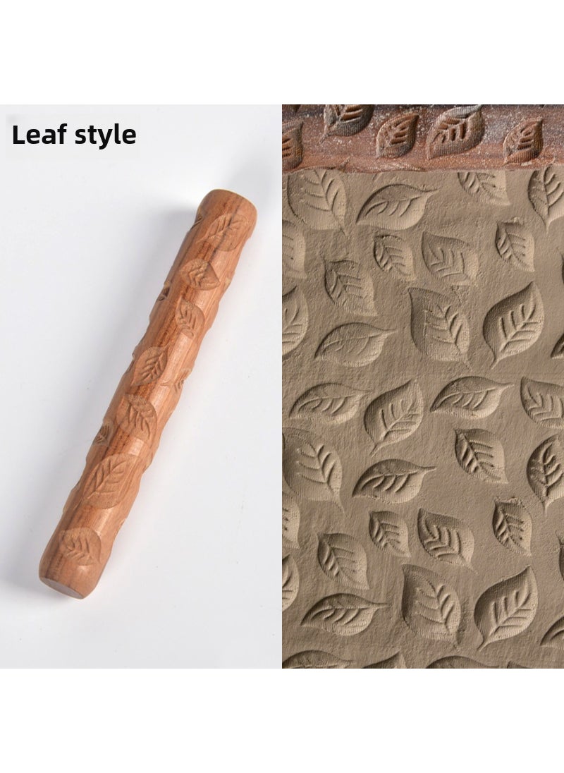 Generic Clay Texture Rolling Pin Wooden Ceramic Tool Leaves texture mud roll 