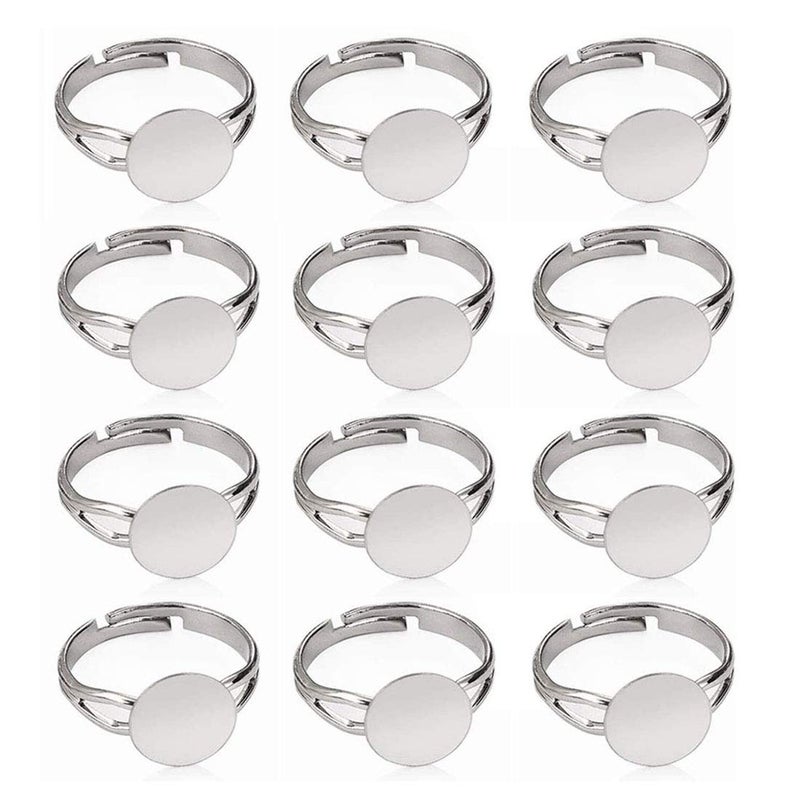 LANBEIDE 40 Pcs Blank Rings Silver Plated Adjustable Flat 12mm Ring Base Blank Jewelry Findings