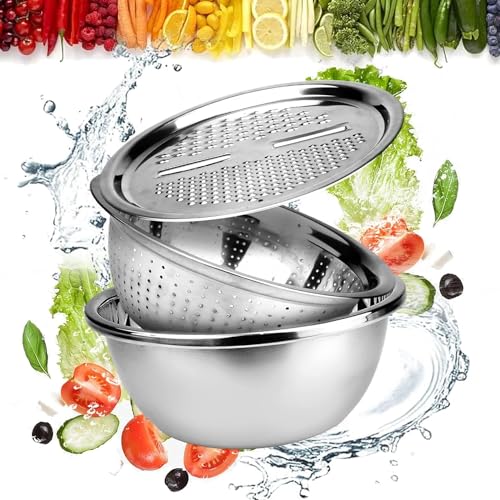 KRESHU 3IN1 Stainless Steel Basin Set with Colander Grater Lid 3-Piece Multi-Function Mixing Bowl for Washing, Stainless Steel Basin Set (26 * 26 * 10CM) - Image 1